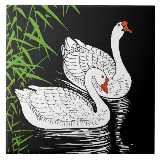 Two Swans on a Pool - White on a Black Background Tile