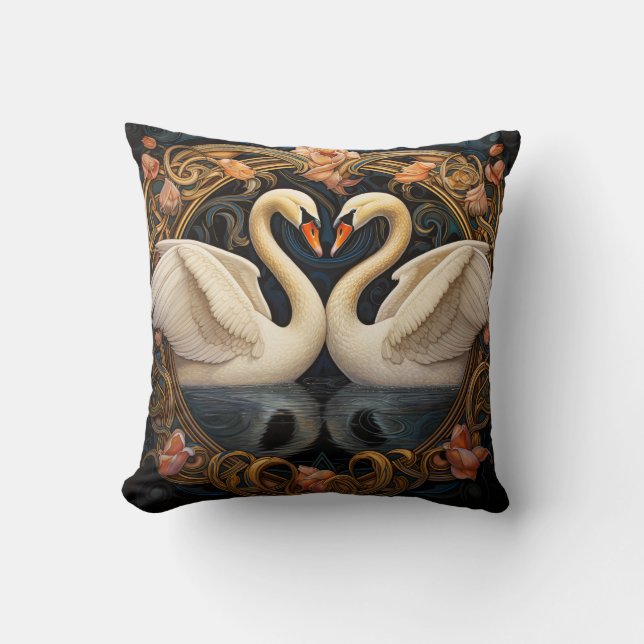Two Swans On Lake Art Nouveau Inspired Home Decor Cushion (Front)