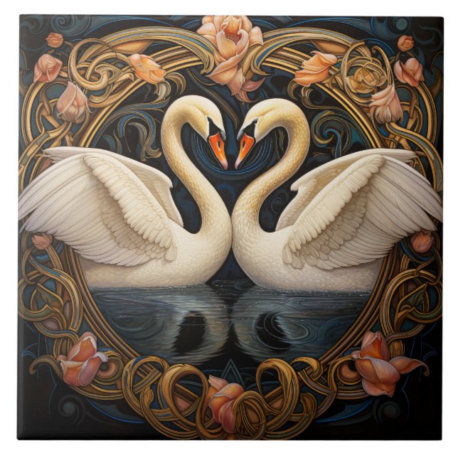 Two Swans On Lake Art Nouveau Inspired Home Decor Tile (Front)