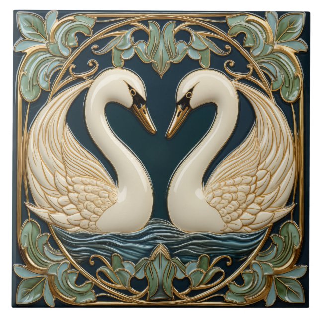 Two Swans On Lake Art Nouveau Inspired Home Decor Tile (Front)