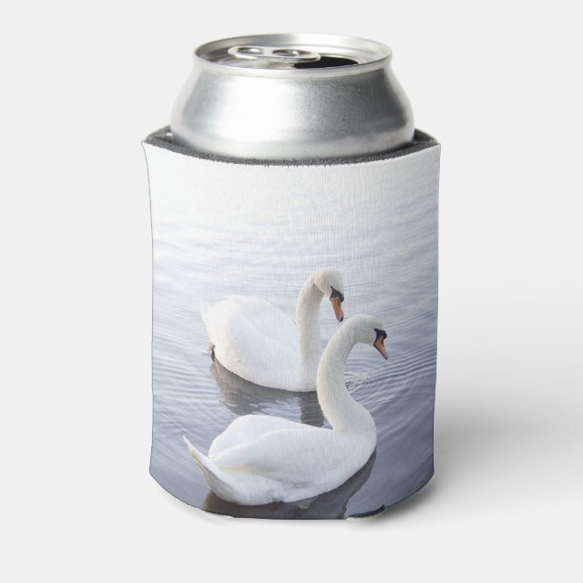 Two Swans Swimming on Tranquil Lake Can Cooler (Can Back)