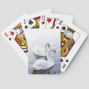 Two Swans Swimming on Tranquil Lake Playing Cards