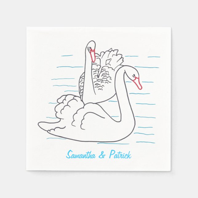Two Swans Swimming Outlines Personalised Napkins (Front)
