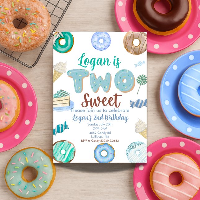 Two Sweet 2nd Birthday for Boy Doughnut Candy  Invitation (Creator Uploaded)
