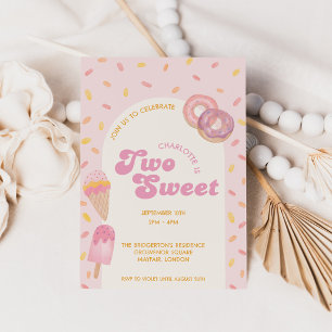 Two Sweet 2nd Birthday Girl Ice Cream Donut Party Invitation
