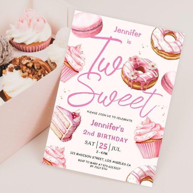 TWO Sweet 2nd Birthday Girls Pink Doughnut Invitation (Creator Uploaded)