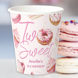 TWO Sweet 2nd Birthday Girls Pink Doughnut Paper Paper Cups