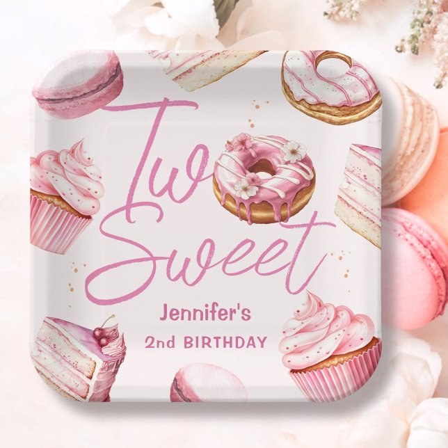 TWO Sweet 2nd Birthday Girls Pink Doughnut Paper Plate (Creator Uploaded)