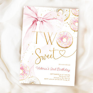 Two Sweet 2nd Birthday Pink Bow Doughnuts Invitation