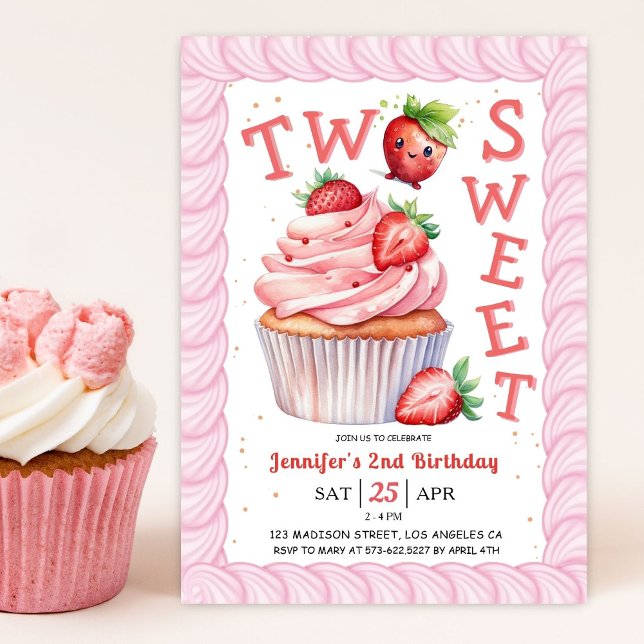 TWO Sweet 2nd Birthday Pink Girl Strawberry  Invitation (Creator Uploaded)