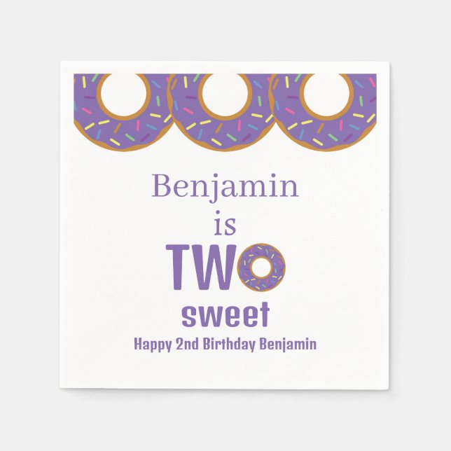 Two Sweet 2nd Birthday Purple Donut Party Napkin (Front)
