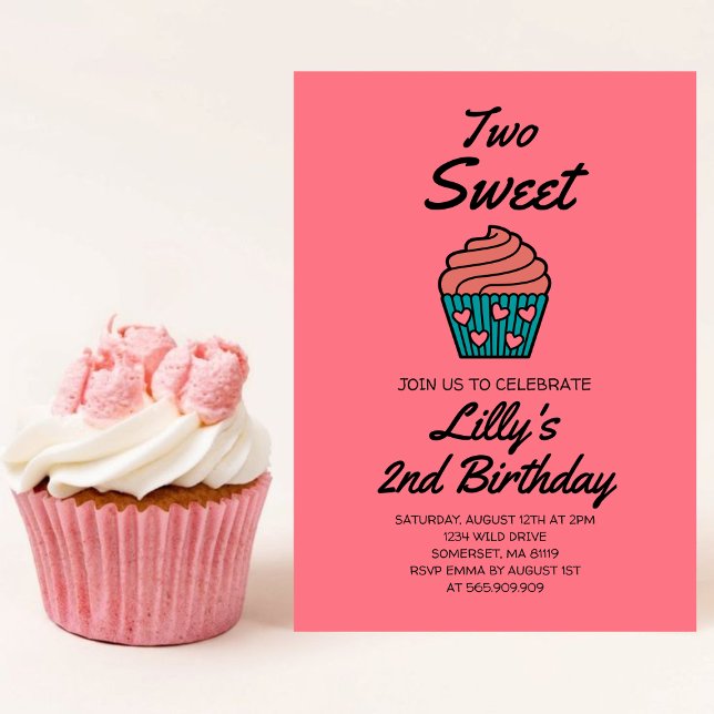 Two Sweet 2nd Birthday Theme Pink Cute Cupcake  Invitation (Creator Uploaded)
