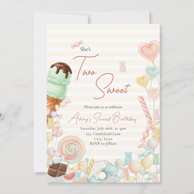 Two Sweet Birthday Invite Yellow Stripe (Front)