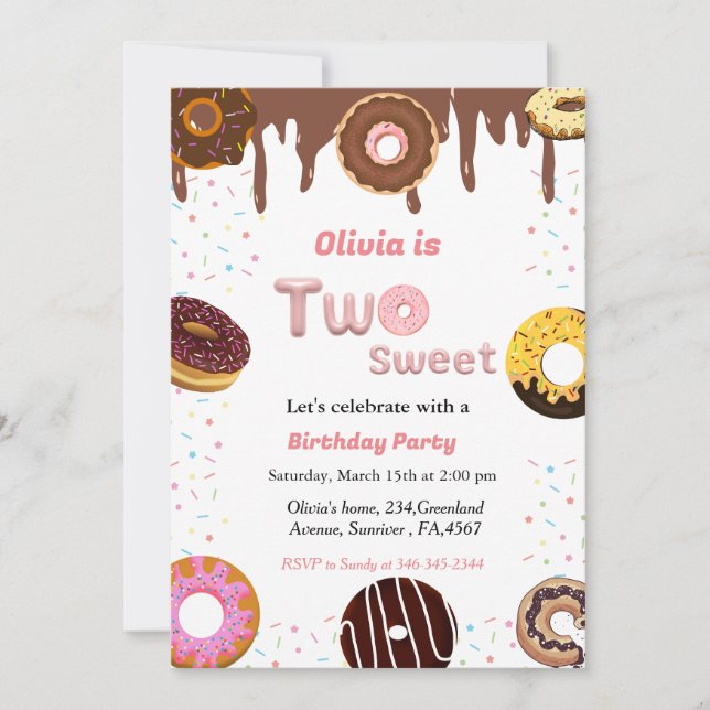 Two sweet birthday party invite, doughnut theme pa invitation (Front)