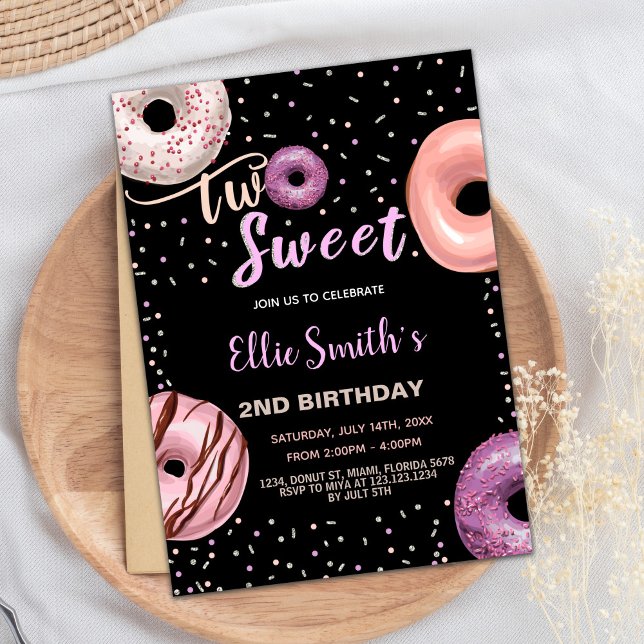Two Sweet Black Pink Doughnut Birthday Invitations (Two Sweet Black Pink Donut Birthday Invitations)