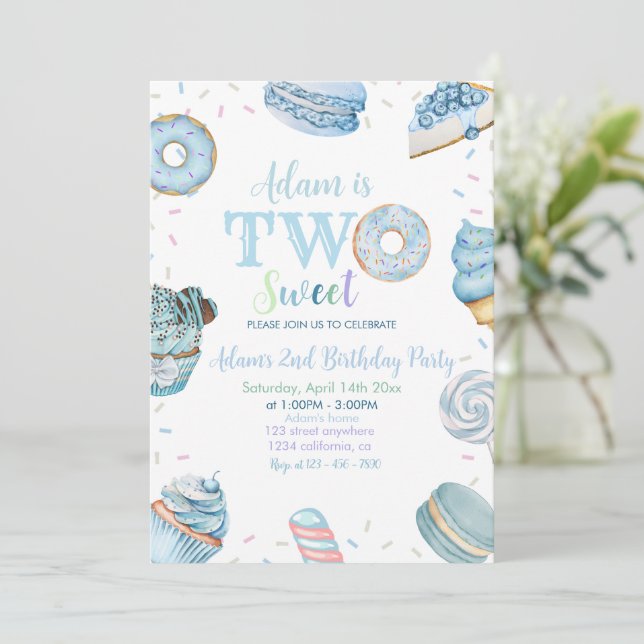 Two Sweet Boy Doughnut Blue Desserts 2nd Birthday Invitation (Standing Front)