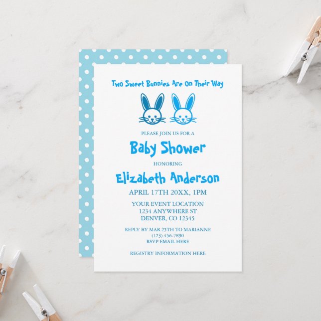 Two Sweet Bunnies Twin Boys Baby Shower Invitation (Front/Back In Situ)