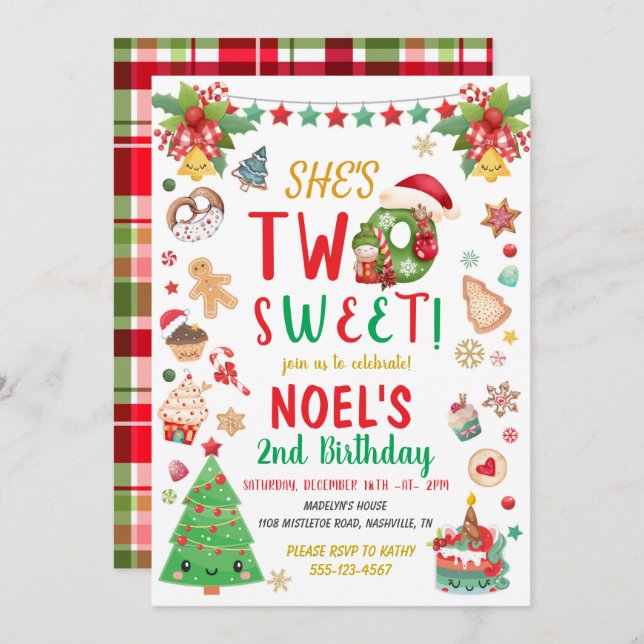 Two Sweet Christmas Second Birthday Invitation (Front/Back)