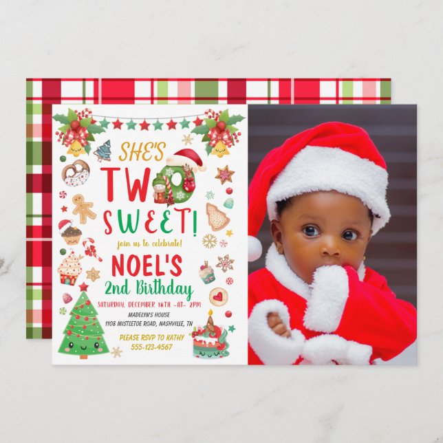 Two Sweet Christmas Second Birthday Photo Invitation (Front/Back)