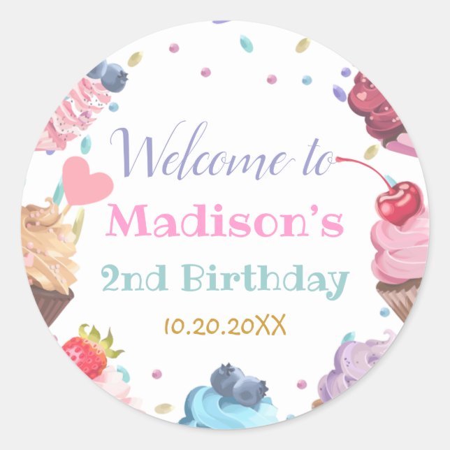 Two Sweet Cupcake 2nd Birthday Candy Party Classic Round Sticker (Front)
