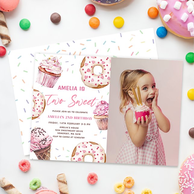 Two Sweet Cupcake & Doughnuts 2nd Birthday Photo Invitation (Creator Uploaded)