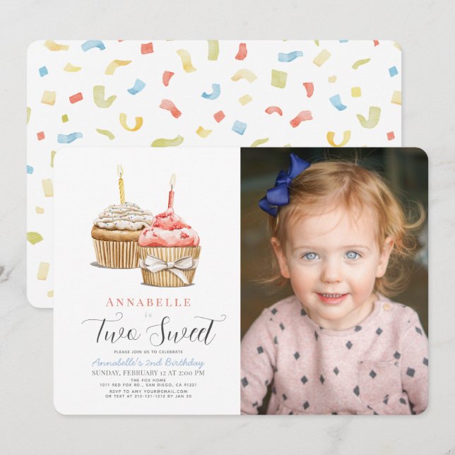 Two Sweet Cupcake Girl 2nd Birthday Photo Invitation (Front/Back)