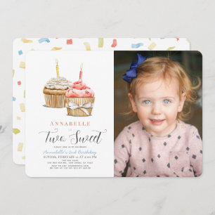 Two Sweet Cupcake Girl 2nd Birthday Photo Invitation