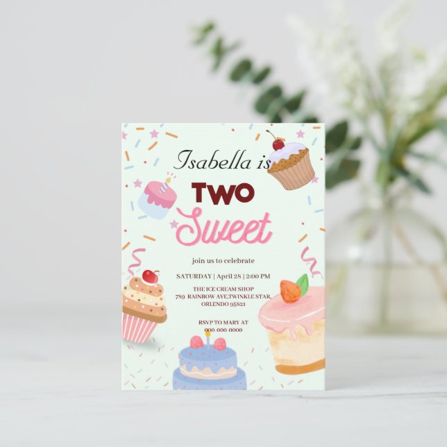Two Sweet cupcake Sprinkle 2nd Birthday Girly Postcard (Standing Front)