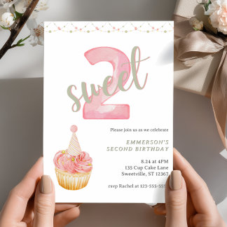Two Sweet Cute Cupcake 2nd Birthday Invitation