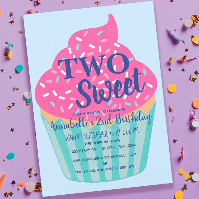 Two Sweet Cute Cupcake Kids Second Birthday Invitation (Creator Uploaded)