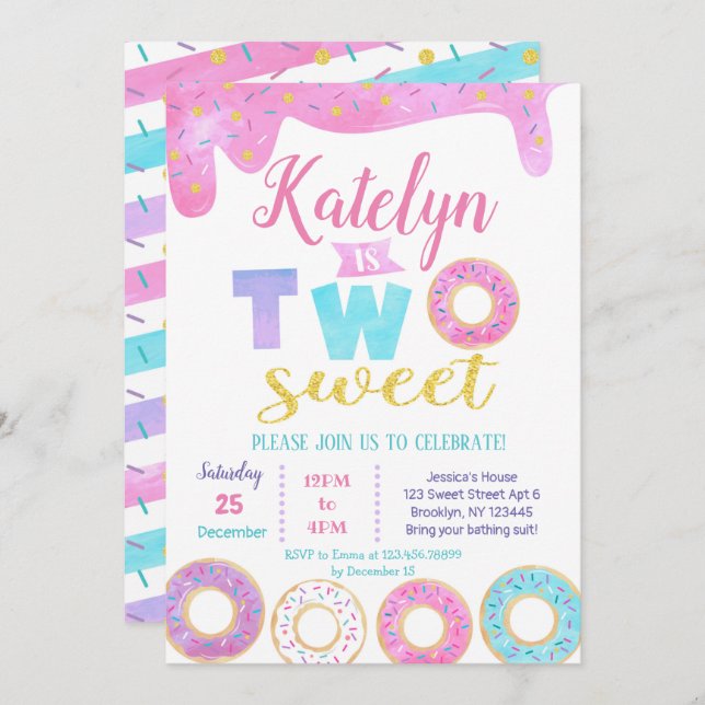 Two Sweet Doughnut 2nd Birthday Invitations (Front/Back)