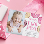 Two Sweet | Doughnut 2nd Birthday Party Photo Invitation<br><div class="desc">Cute second birthday party invitations feature "[name] is two sweet" with your party details beneath,  surrounded by watercolor doughnut illustrations in shades of pink. Add a photo of the birthday girl to complete this sweet and whimsical design.</div>