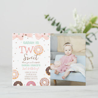 Two Sweet Doughnut 2nd Birthday White Photo Invitation