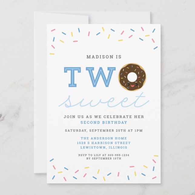 Two Sweet Doughnut and Sprinkles (Blue) 2nd Birthd Invitation (Front)