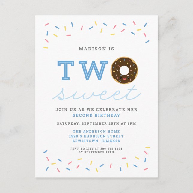 Two Sweet Doughnut and Sprinkles Blue 2nd Birthday Invitation Postcard (Front)
