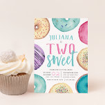 Two Sweet | Doughnut Birthday Party Invitation<br><div class="desc">Cute dessert themed second birthday party invitations feature "[Name] is two sweet" in the centre with your party details beneath,  surrounded by watercolor doughnut illustrations in neutrals,  pink,  and aqua.</div>