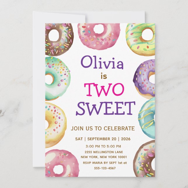 Two Sweet Doughnut Birthday Party Invitation (Front)