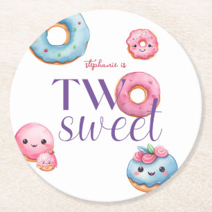 Two Sweet Doughnut Birthday Party Round Paper Coaster