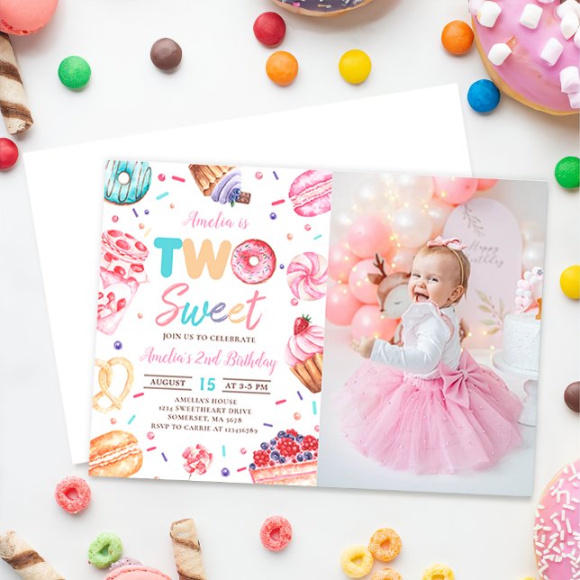 Two Sweet Doughnut Candy 2nd Birthday Photo Invitation (Creator Uploaded)