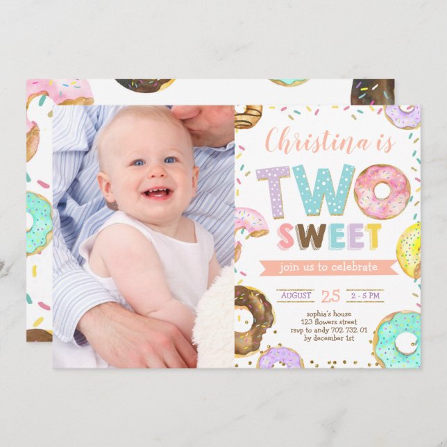 Two Sweet Doughnut Girl 2nd Birthday Custom photo Invitation (Front/Back)