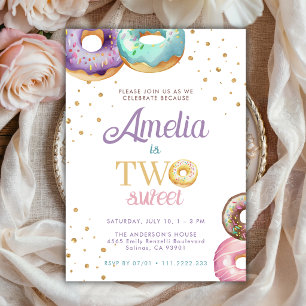Two Sweet Doughnut Gold Sprinkle 2nd Girl Birthday Invitation