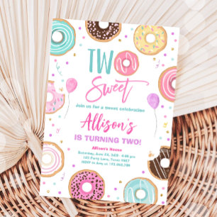 Two Sweet Doughnut Watercolor Girl Second Birthday Invitation