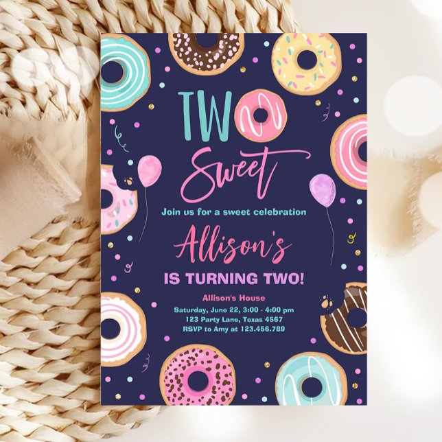 Two Sweet Doughnut Watercolor Girl Second Birthday Invitation (Creator Uploaded)