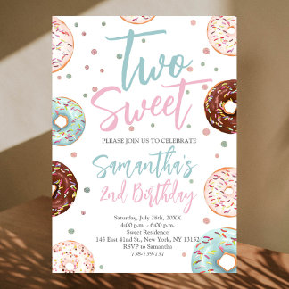 Two Sweet Doughnuts Watercolor Girl Second Birthda Invitation