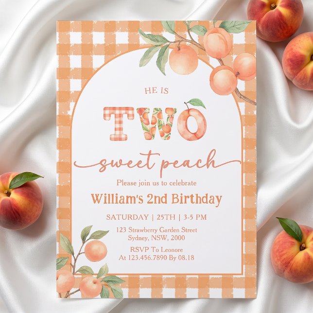 Two Sweet Gingham Peach Boy Birthday Invitation (Creator Uploaded)
