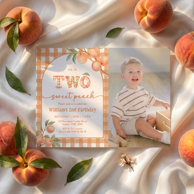 Two Sweet Gingham Peach Boy Birthday Invitation (Creator Uploaded)