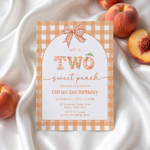 Two Sweet Gingham Peach Girl Birthday Invitation