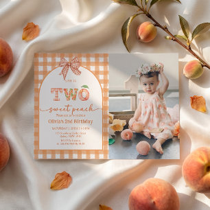 Two Sweet Gingham Peach Girl Birthday Invitation