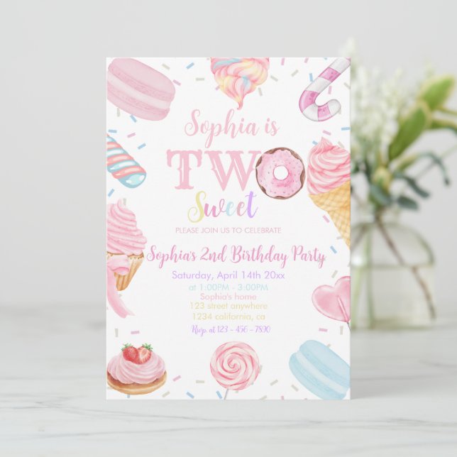 Two Sweet Girl Doughnut Pastel Pink 2nd Birthday I Invitation (Standing Front)
