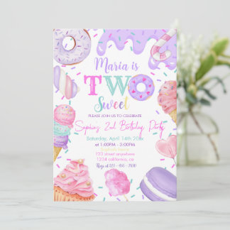 Two Sweet Girl Doughnut Pastel Purple 2nd Birthday Invitation